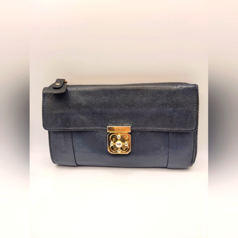 Chloe Elsie Leather Long Envelope Wallet Clutch Turnlock Gray Large Continental